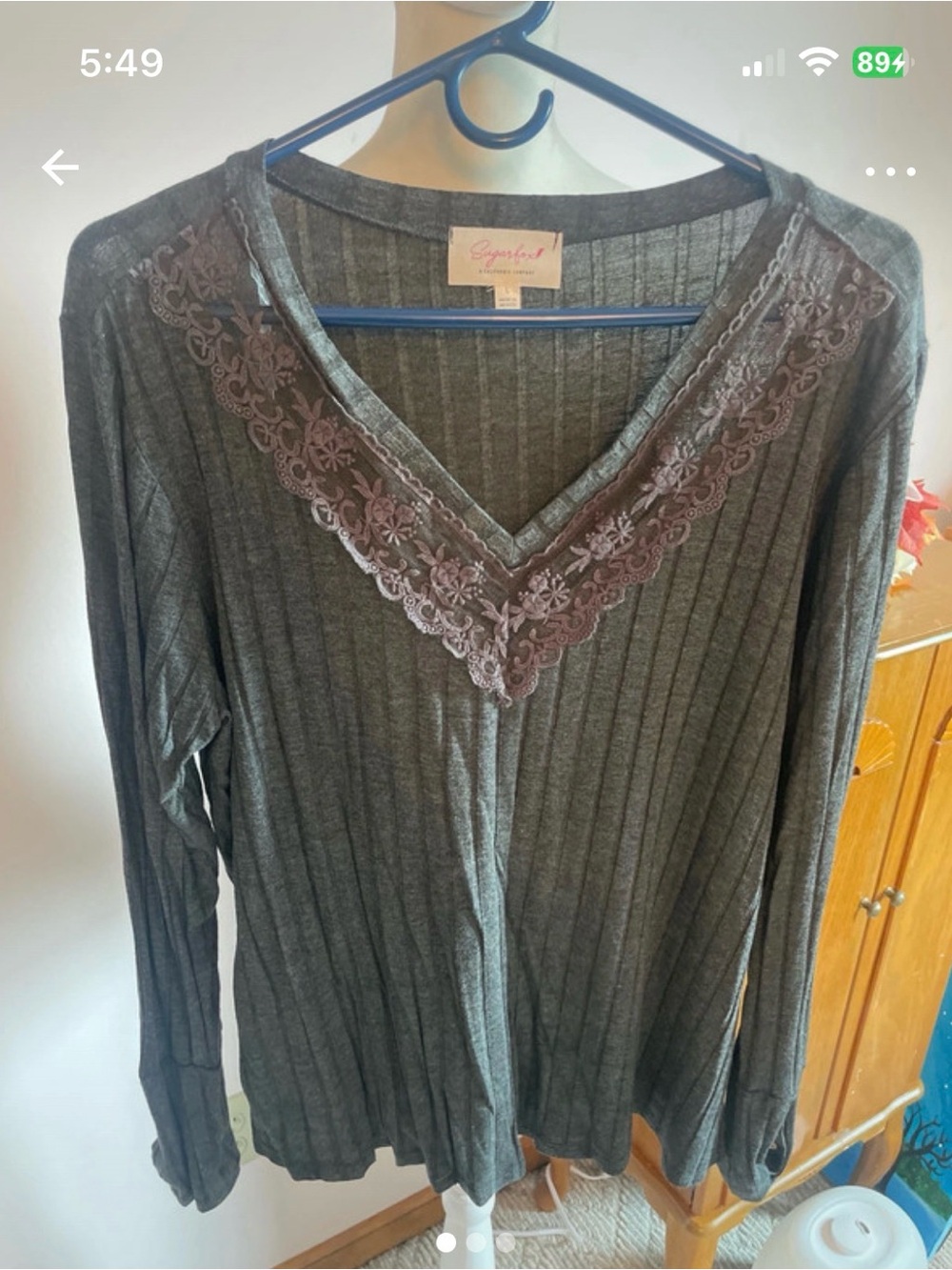 Signature Studio Dark Gray Ribbed V-Neck Top with Lace Trim